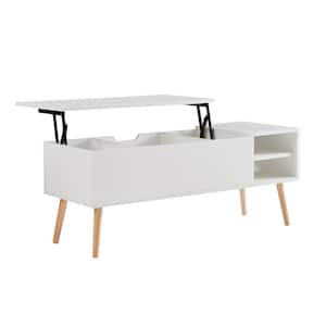 43.3 in. Matte White Liftable & Lowerable Rectangle Particle Board Coffee Table with Solid Wood Legs, Big Storage Space
