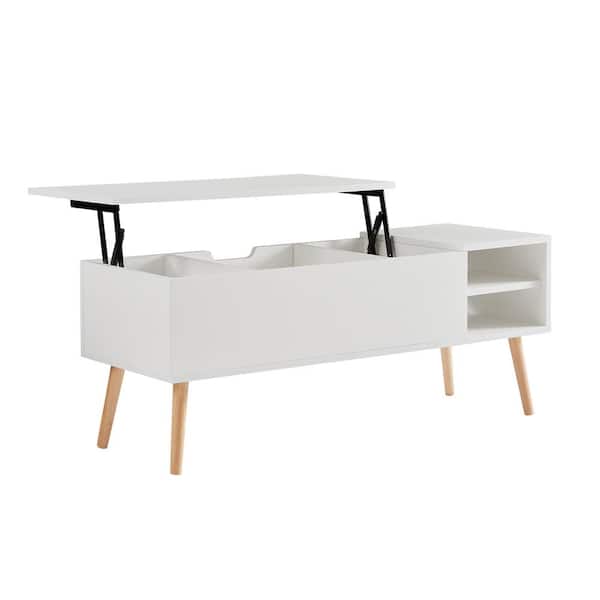 aisword 43.3 in. Matte White Liftable & Lowerable Rectangle Particle Board Coffee Table with Solid Wood Legs, Big Storage Space