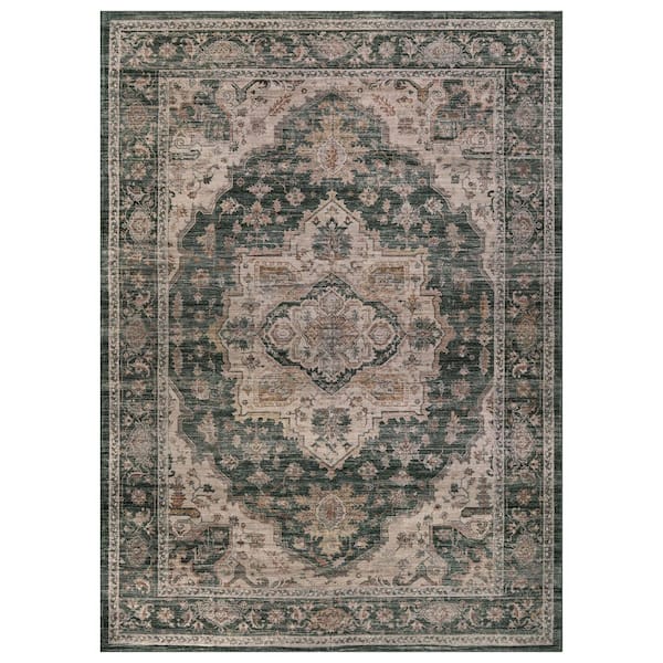 Vintage Medallion Sage Green Machine Washable Non-Slip Backing 6 ft. x 9 ft. Green Area Rug