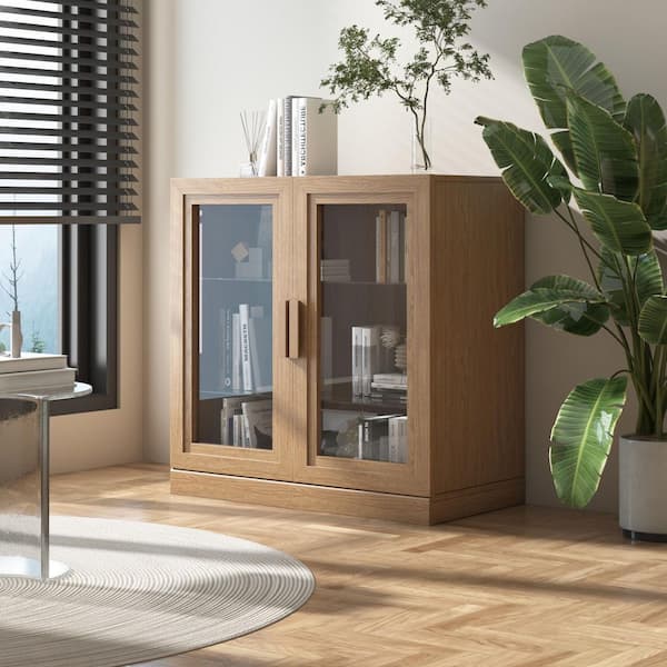 31 in. Tall Natural Wood Grain Wood 2-Shelf Standard Bookcase with Glass Doors, Storage