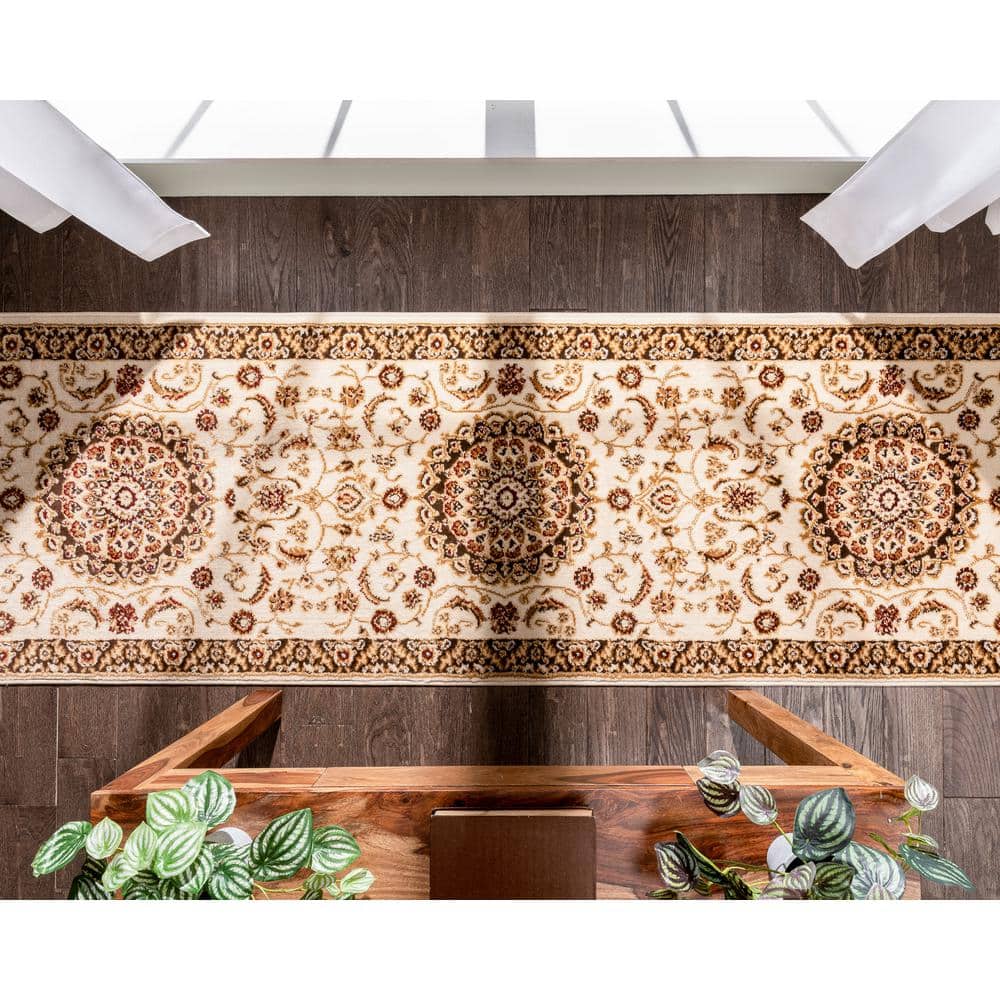 Ivory and Beige Oriental Synthetic Runner Rug