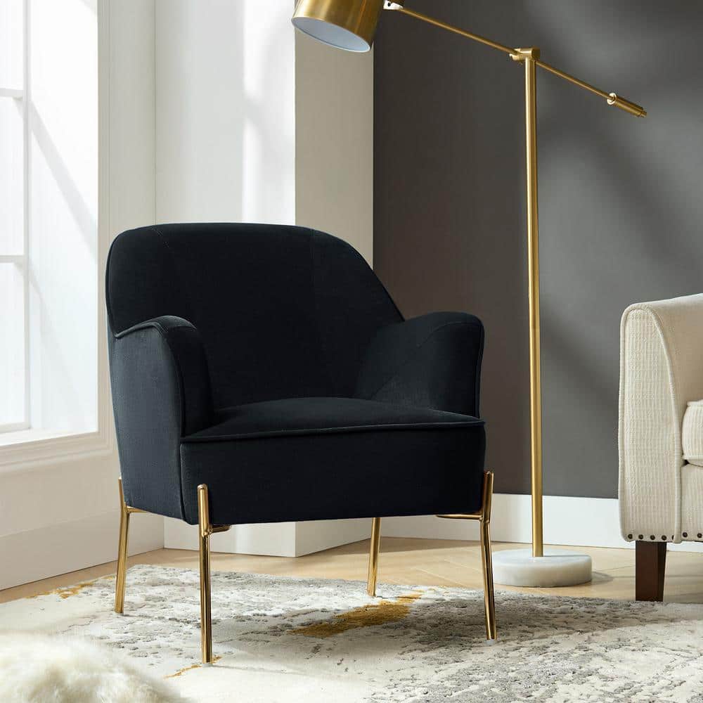 Elegant Black Velvet Curved Backrest Accent Chair with Golden Metal Legs