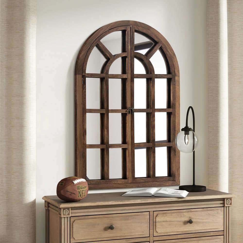 Charcoal Wood Arched Windowpane Decorative Wall Mirror