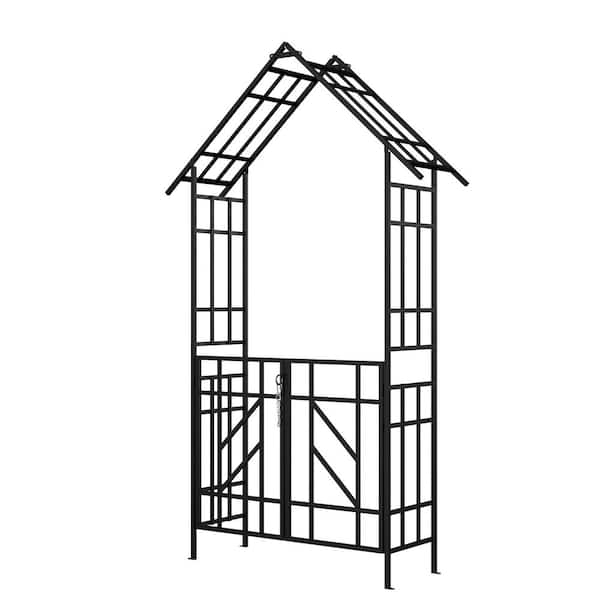 97 in. x 58 in. Metal Garden Arch Arbor with Gate Climbing Plants Support Rose Arch Outdoor Black