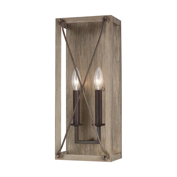Generation Lighting Thornwood 7.5 in. 2-Light Washed Pine and Weathered Iron Accents Sconce with Dimmable Candelabra LED Bulb