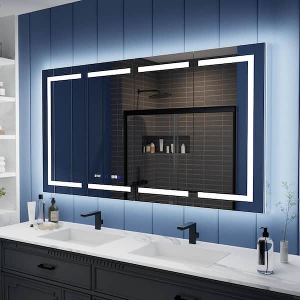 ExBrite GlowX 66 in. W x 36 in. H Rectangular Recessed/Surface Mount Medicine Cabinet with Mirror, Backlit and Front Light