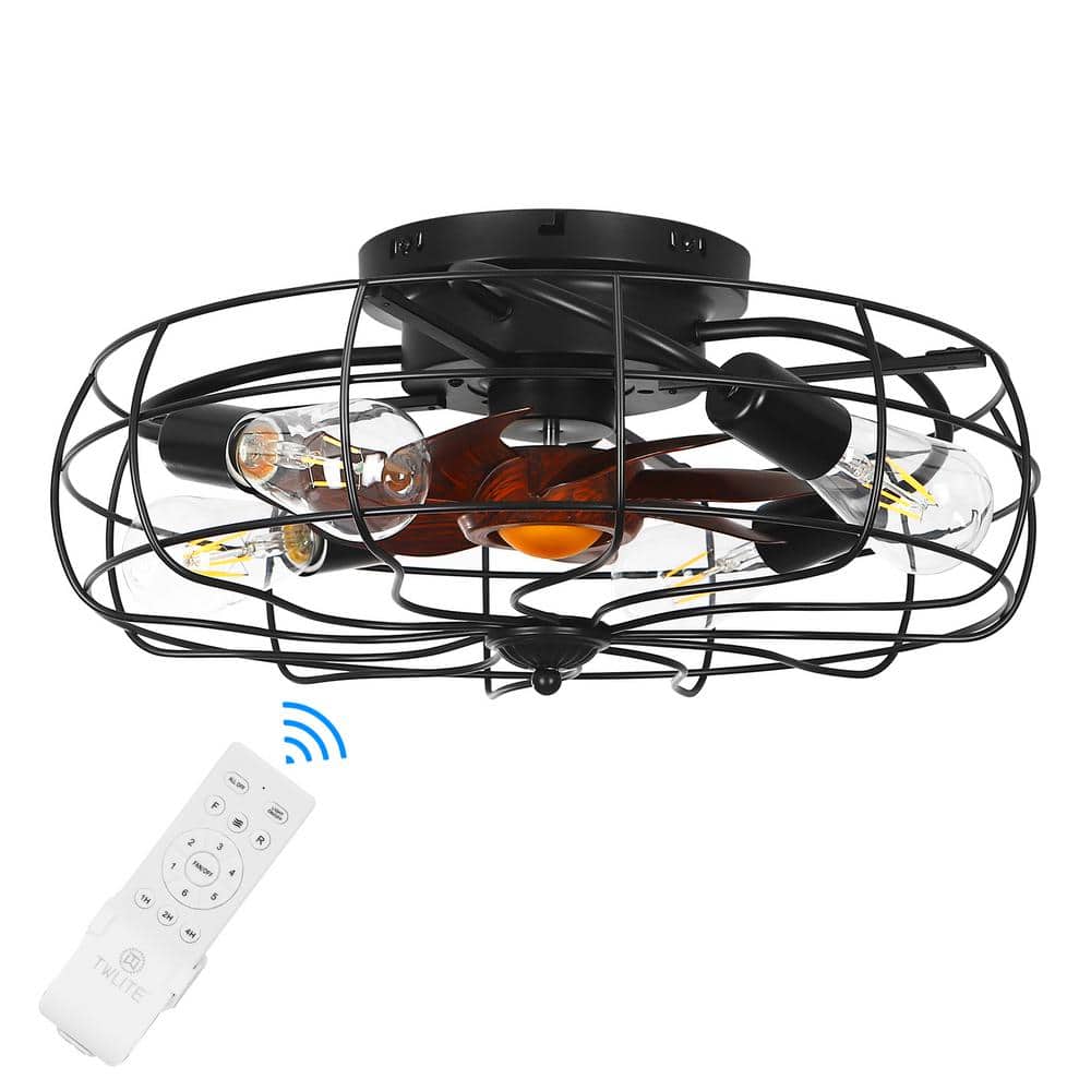19 in. 4-Lights Indoor Black Wood Grain Industrial Metal Cage Enclosed Ceiling Fan with Light Kit and Remote