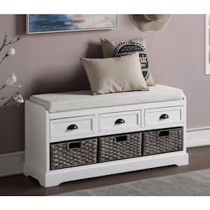 White Wood Entryway Bench Dining Bench with 3-Drawers and 3-Baskets, No Assembly Required 44.1 in. W