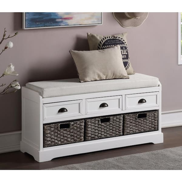 Harper & Bright Designs White Wood Entryway Bench Dining Bench with 3-Drawers and 3-Baskets, No Assembly Required 44.1 in. W