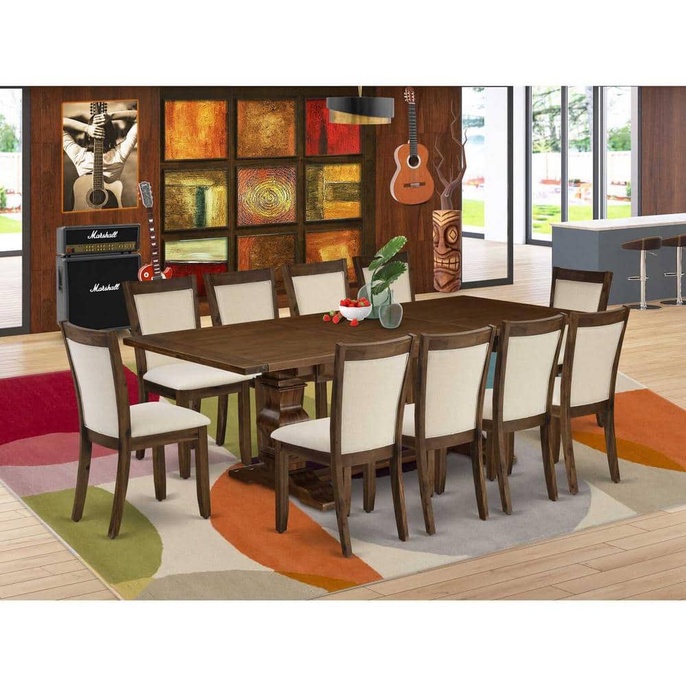 Antique Walnut Round Pedestal Dining Table with 6 Light Beige Linen Chairs