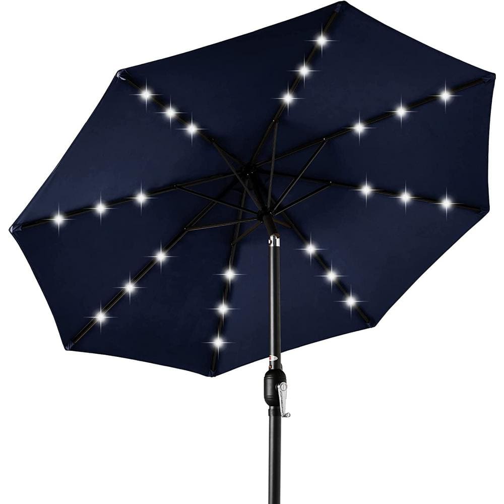 10 ft. Aluminum Beach Umbrell Navy Blue Aumbrella with Tilt Solar-Powered P