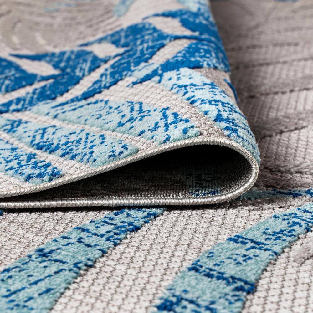 Gray and Blue Synthetic Palm Leaves 3' x 5' Area Rug