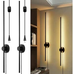 2 Light 39.4 in. W Set of 2 Dimmable LED Black Wall Lights Plug in Adjusted 180° Wall Sconce with On/Off Switch