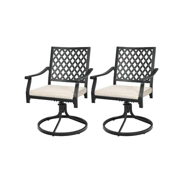 TIRAMISUBEST Black Metal Outdoor Patio Swivel Dining Chair with Beige Tan Cushions (2-Pack)