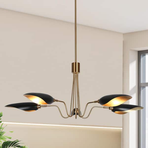 Toltehcwe Modern 5-Lights Flat Black and Plating Brass Chandeliers, Mid-century Radial Hanging Light for Dining Room