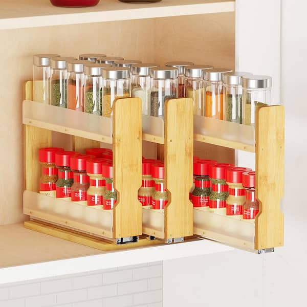 7.6 in. x 9.6 in. 2-Tier Bamboo Pull Out Spice Rack Organizer for Cabinet Sliding Vertical Kitchen, Natural
