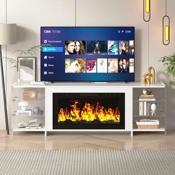 VECELO CTV Stand for TVs Up to 75 in. with 3D Flame, 13 Colors LED Light, White Transparent Shelves Entertainment Center