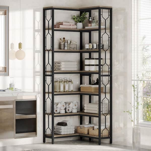 Eulas 78.7 in. Tall Gray Wood 14-Shelf Corner Bookcase, 7-Tier Industrial Corner Freestanding Bookshelf Home Living Room