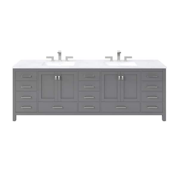 Aberdeen 96 in. Double Sink Gray Bath Vanity with White Carrara Quartz Top (Assembled)