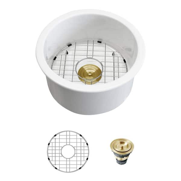LORDEAR 18 x 18 in. Round Undermount Bar/Kitchen Sink Ceramic White with Sink Grid