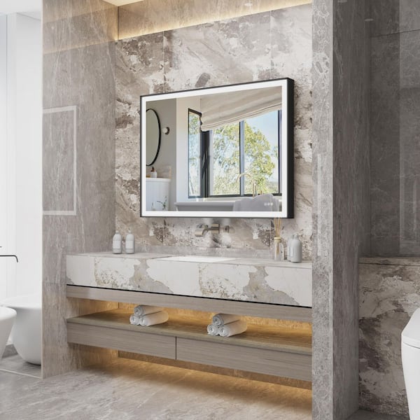 48 in. W x 36 in. H Rectangular Heavy Duty Framed Wall LED Bathroom Vanity Mirror with Light in Black, Defog, Plug