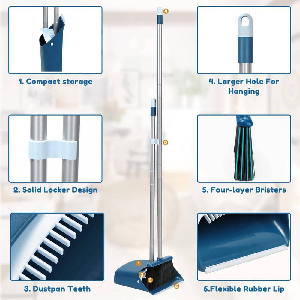 Blue Stainless Steel Long Handle Broom and Dustpan Set