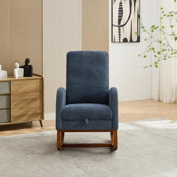 Navy Blue Boucle Fabric Rocking Chair with Retractable Footrest Nursery Glider Rocker Accent Armchair with Side Pocket