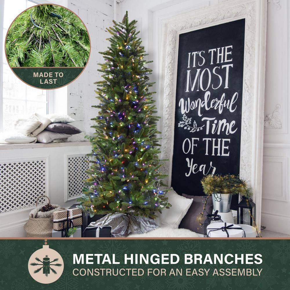 7.5-Foot Green Slim Pine Artificial Christmas Tree with Multicolor LED Lights
