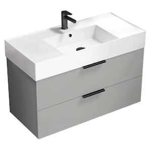 Derin 39.53 in. W x 18.11 in. D x 25.2 in . H Wall Mounted Bath Vanity in Grey Mist with Vanity Top Basin in White