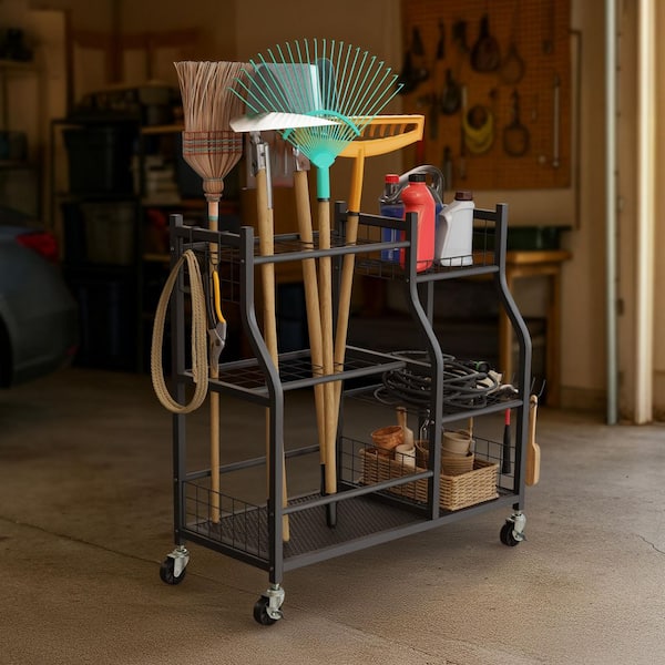 Pure Garden 3-Tier Black Steel Garage Garden Tool Organizer with