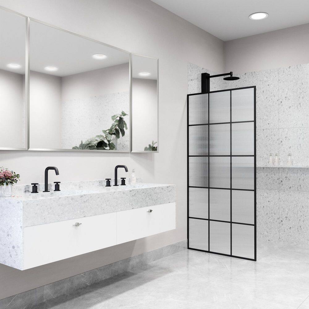 Mosaic Matte Black 34" x 74" Fluted Glass Shower Screen