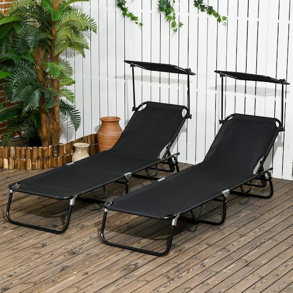 Sudzendf Black Metal Outdoor Folding Chaise Lounge Pool Chairs, Sun Tanning Chairs with Sunshade Face Guard (Set of 2)