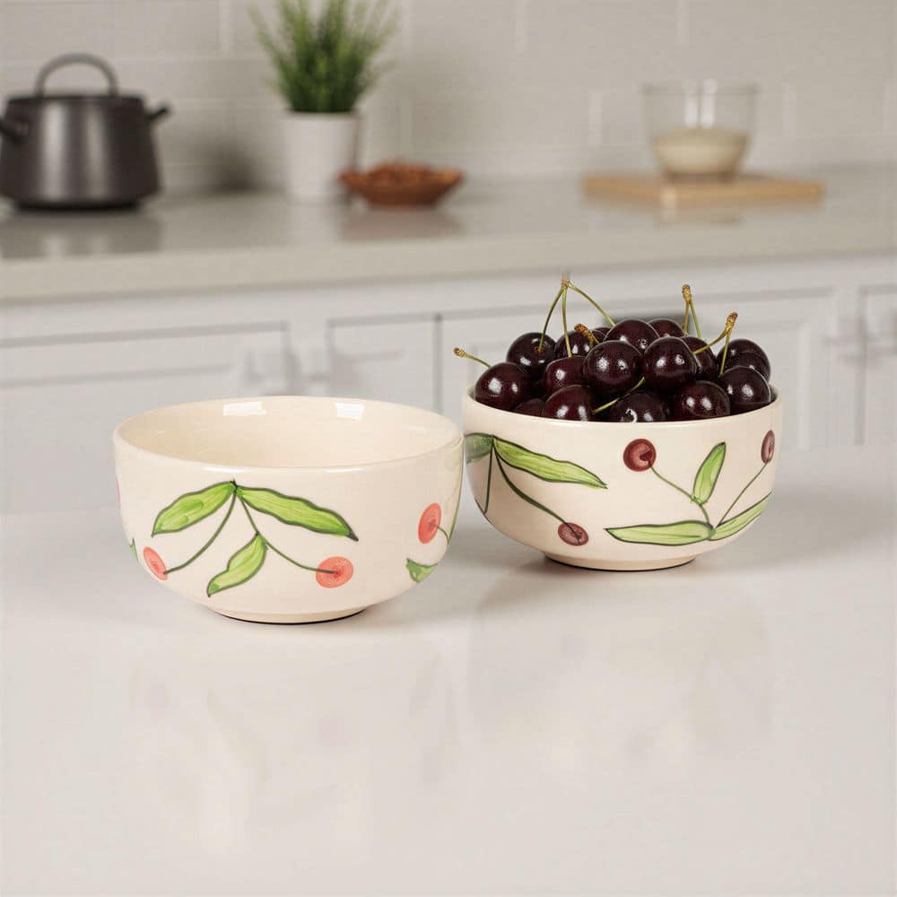 Storied Home 34.6 fl. oz. Multi-Colored Hand‑Painted Stoneware Cherry Motif Bowls (Set of 6)