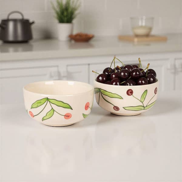 34.6 fl. oz. Multi-Colored Hand‑Painted Stoneware Cherry Motif Bowls (Set of 6)