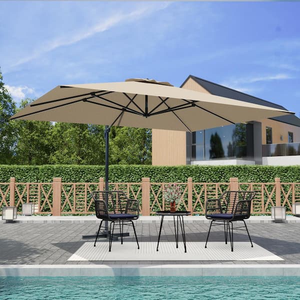 Esunny 4-Piece Wicker Outdoor Patio Conversation Set with 1-Beige Umbrella, 2-Chairs with Dark Blue Cushions and 1-Round Table