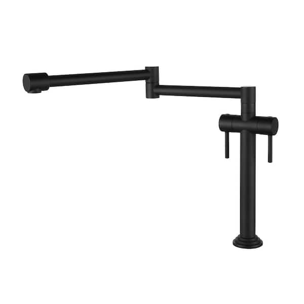 FLG Hot and Cold Deck Mount Pot Filler Faucet with Lever Handle Brass Commercial Folding Kitchen Sink Faucet in Matte Black