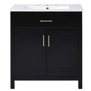 30 in. W Single Sink Freestanding Bath Vanity in Black with White Ceramic Top, 1 Drawer, 2 Doors and Shelf