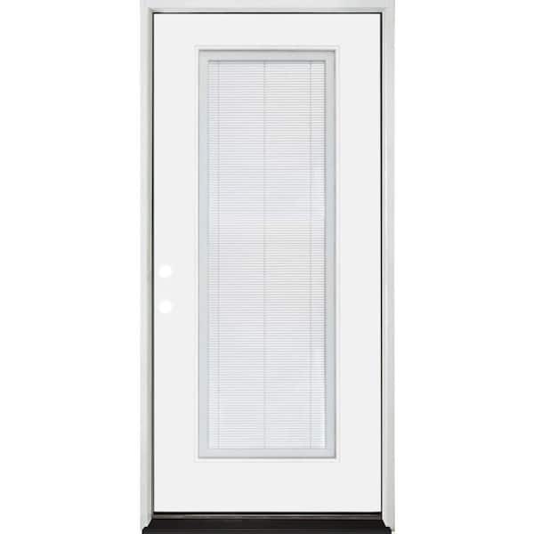Legacy 28 in. x 80 in. Full Lite Clear Micro Blind RHIS White Primed Fiberglass Prehung Door with 4-9/16 in. Jamb