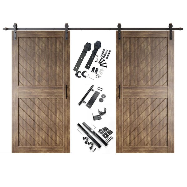 HOMACER XT2 36 in. x 84 in. C-Panel Dark Walnut Slanted Stripe Design Double Pine Wood Sliding Barn Door with Hardware Kit
