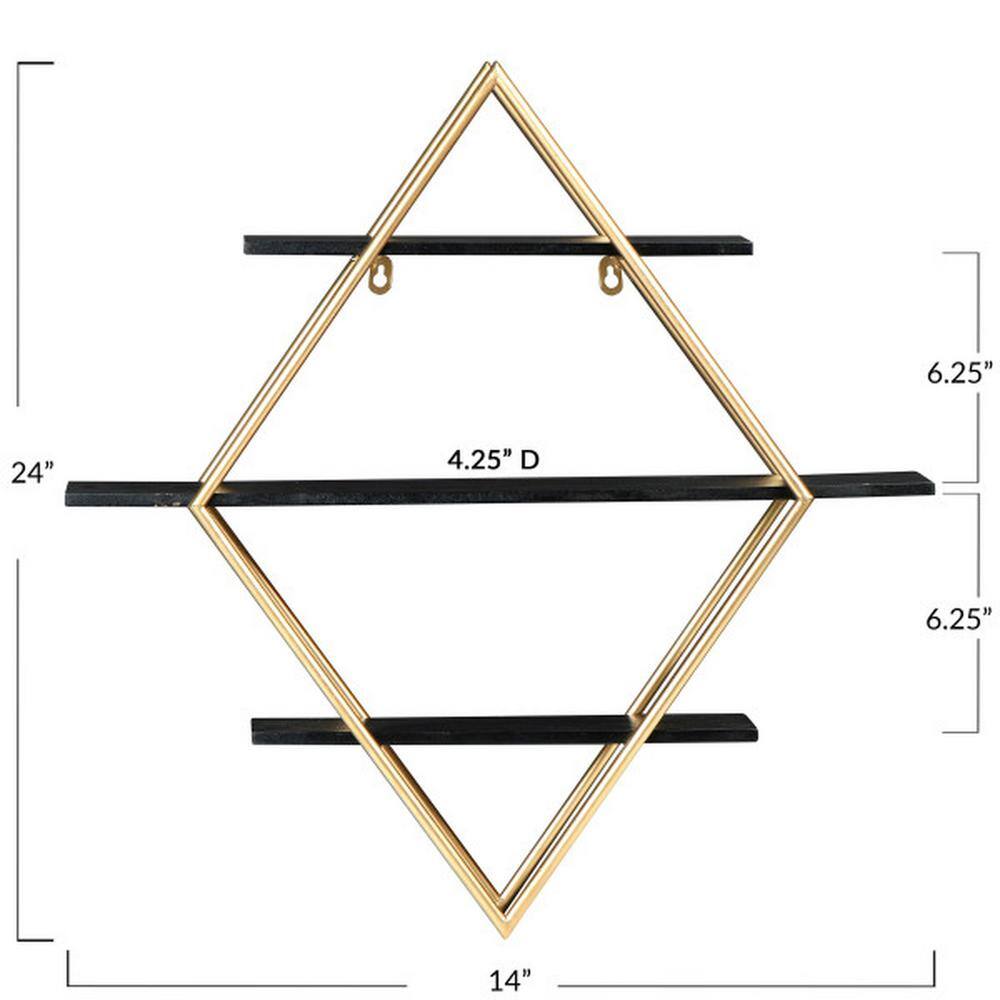 Espresso Black Wood and Gold Iron Diamond Wall Shelf, 23.5"
