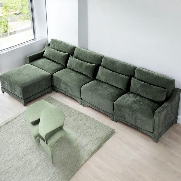 ZBXXRB 61 in. Straight Arm 5-Piece Chenille Modular Sectional Sofa with Comfort and 4-Seater and Ottoman in Forest Green