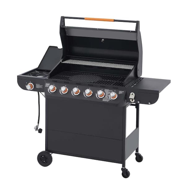 6-Burner Propane Gas Grill with Side Burner, 72,000 BTU Output, Stainless Steel Grill with Cast Iron Grates and Side Tab