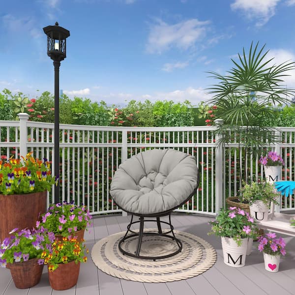TWT Brown Wicker Metal Frame Papasan Chair Outdoor Recliner with Beige Cushion