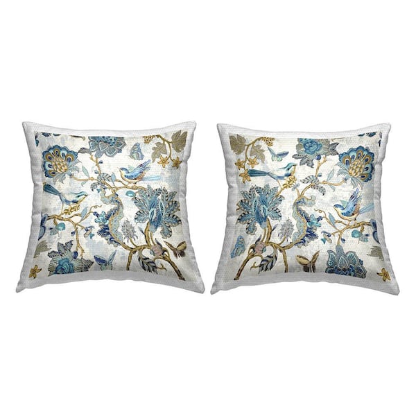 Detailed Paisley Patterned Florals Blue Square Outdoor Throw Pillow 2-Pack
