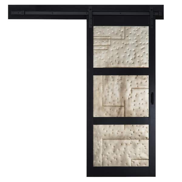 TRUporte 36 in. x 84 in. Metal Works Black Rustic T in. Inserts Solid Core Interior Sliding Barn Door with Rustic Hardware Kit