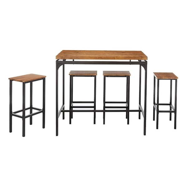 5-Piece Brown and Black Wooden Top Bar Table and Bar Stools with Metal Legs
