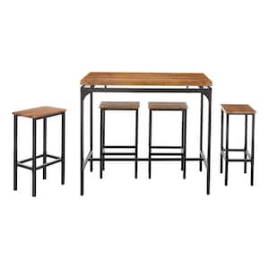 5-Piece Brown and Black Wooden Top Bar Table and Bar Stools with Metal Legs