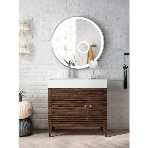 James Martin Vanities Linear 35.5 in. W x 19 in.D x 34.5 in.H Single Bath Vanity in Mid Century Walnut with Solid Surface Top in Glossy White