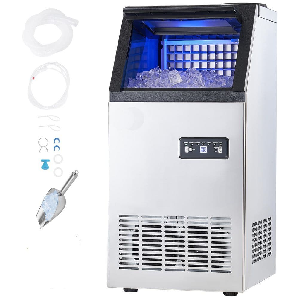 17 in. Commercial Ice Maker 80 lbs./24H 28 lbs. Storage Full Size Cubes Freestanding Self-Cleaning LED Display in Silver