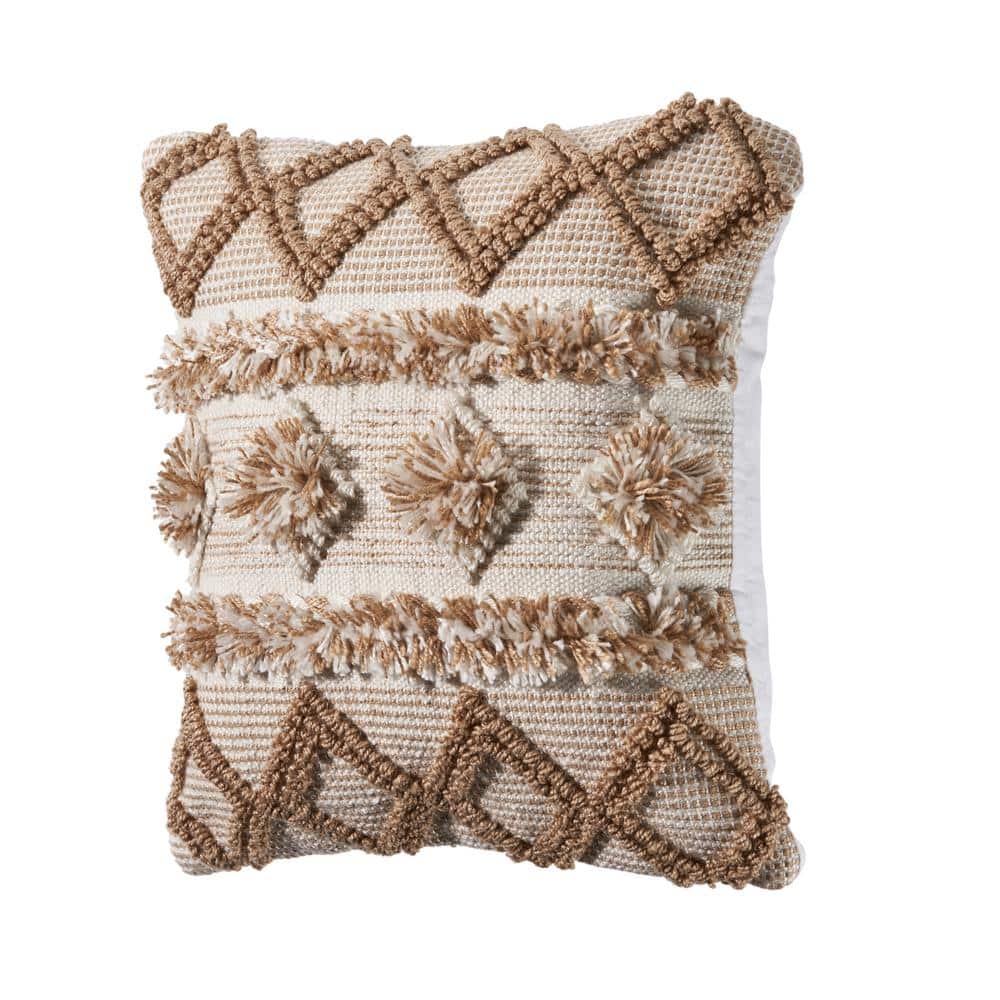 Neutral Beige and Cream Pom Pom Geometric Square Pillow